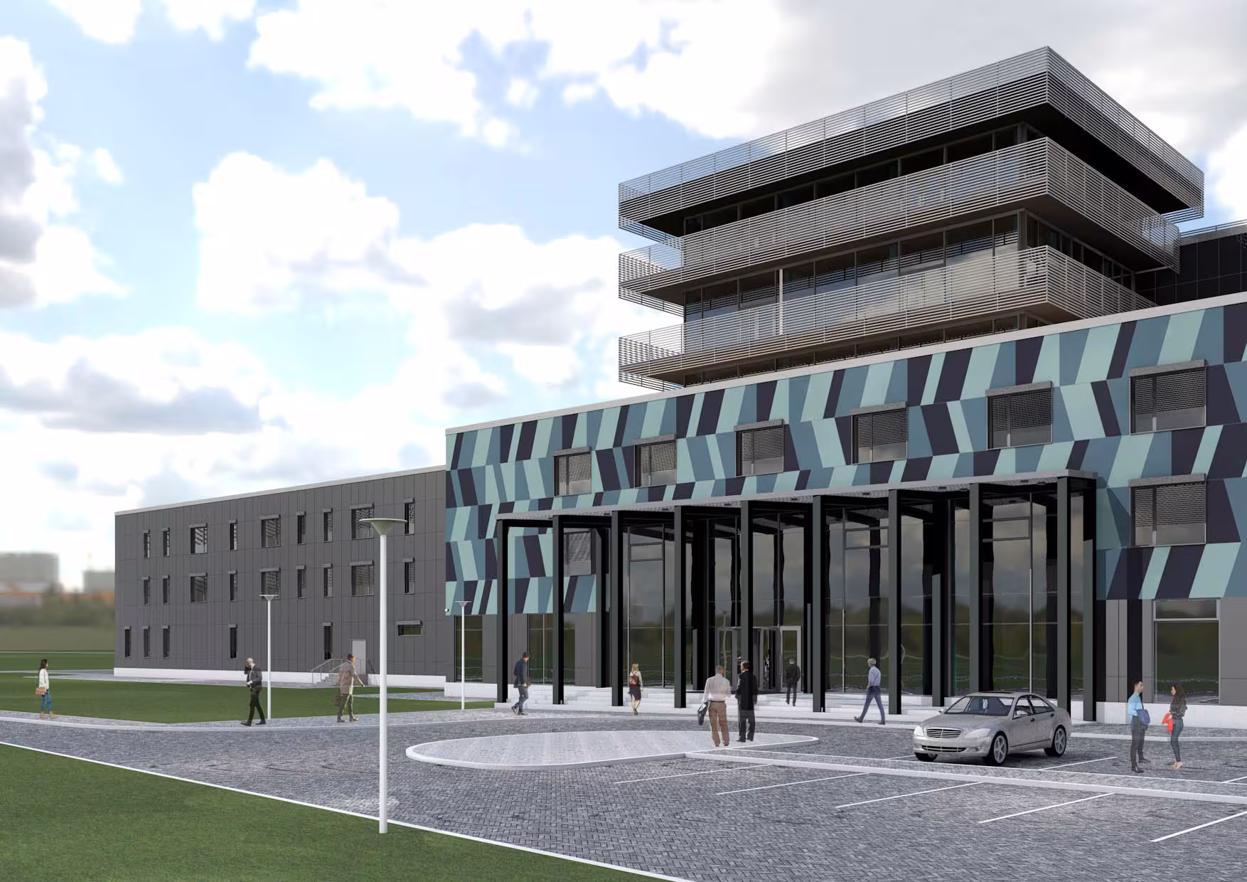 Science Park main entrance featuring a distinctive teal and grey diagonal shard facade and a glass atrium.