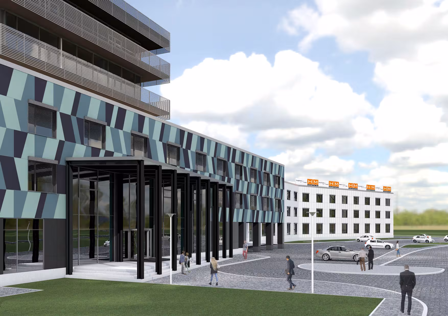 High-tech campus exterior showing the transition between the geometric administrative block and the white production wing with roof signage.