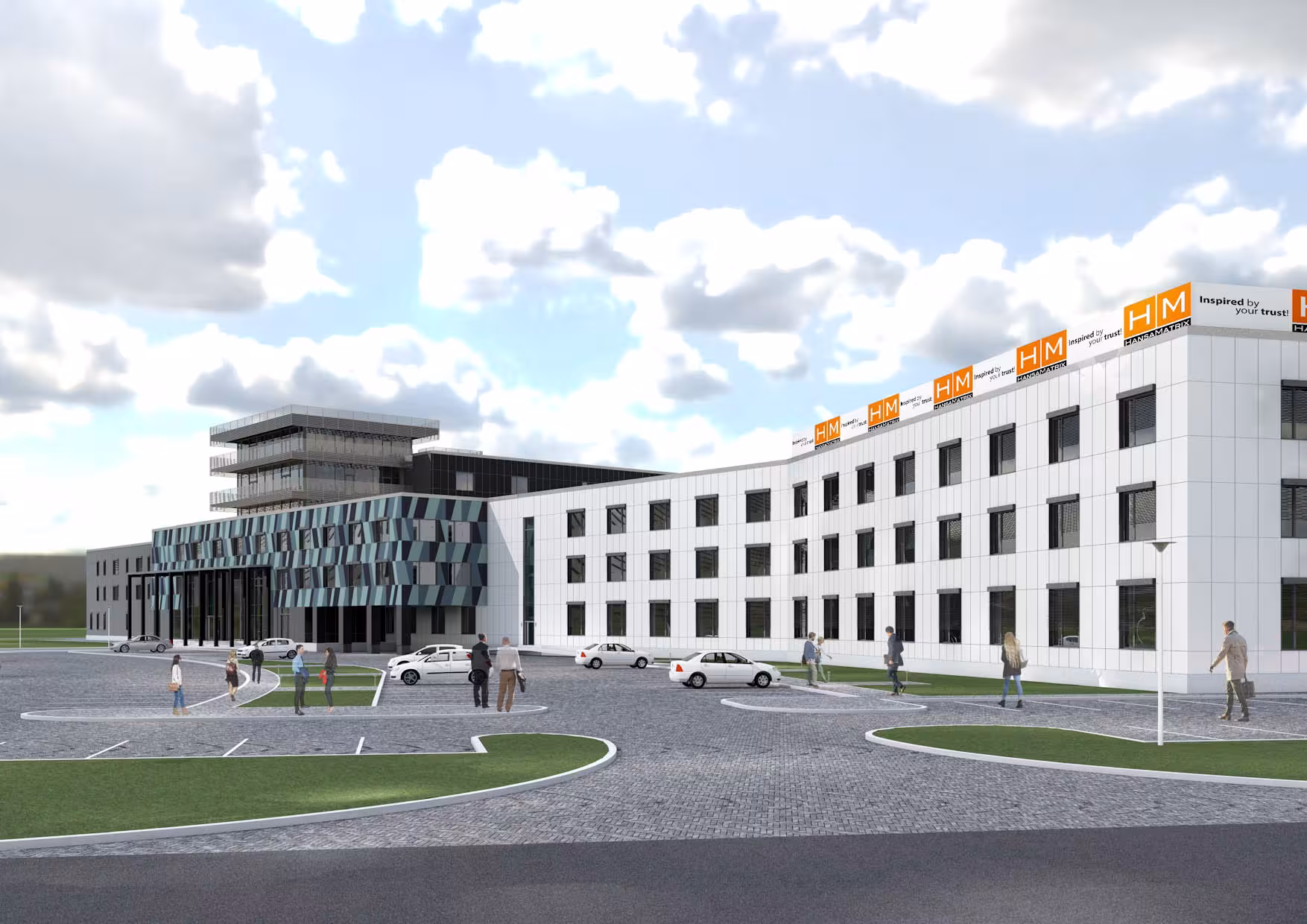 Panoramic view of the Science Park in Mārupe, illustrating the campus-style layout with pedestrian walkways, green zones and parking zones.