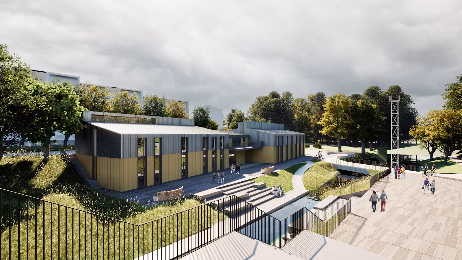 Aerial visualization of the Smiltene Community Quarter featuring terraced riverbanks along the Abuls River and sustainable timber-clad public buildings.