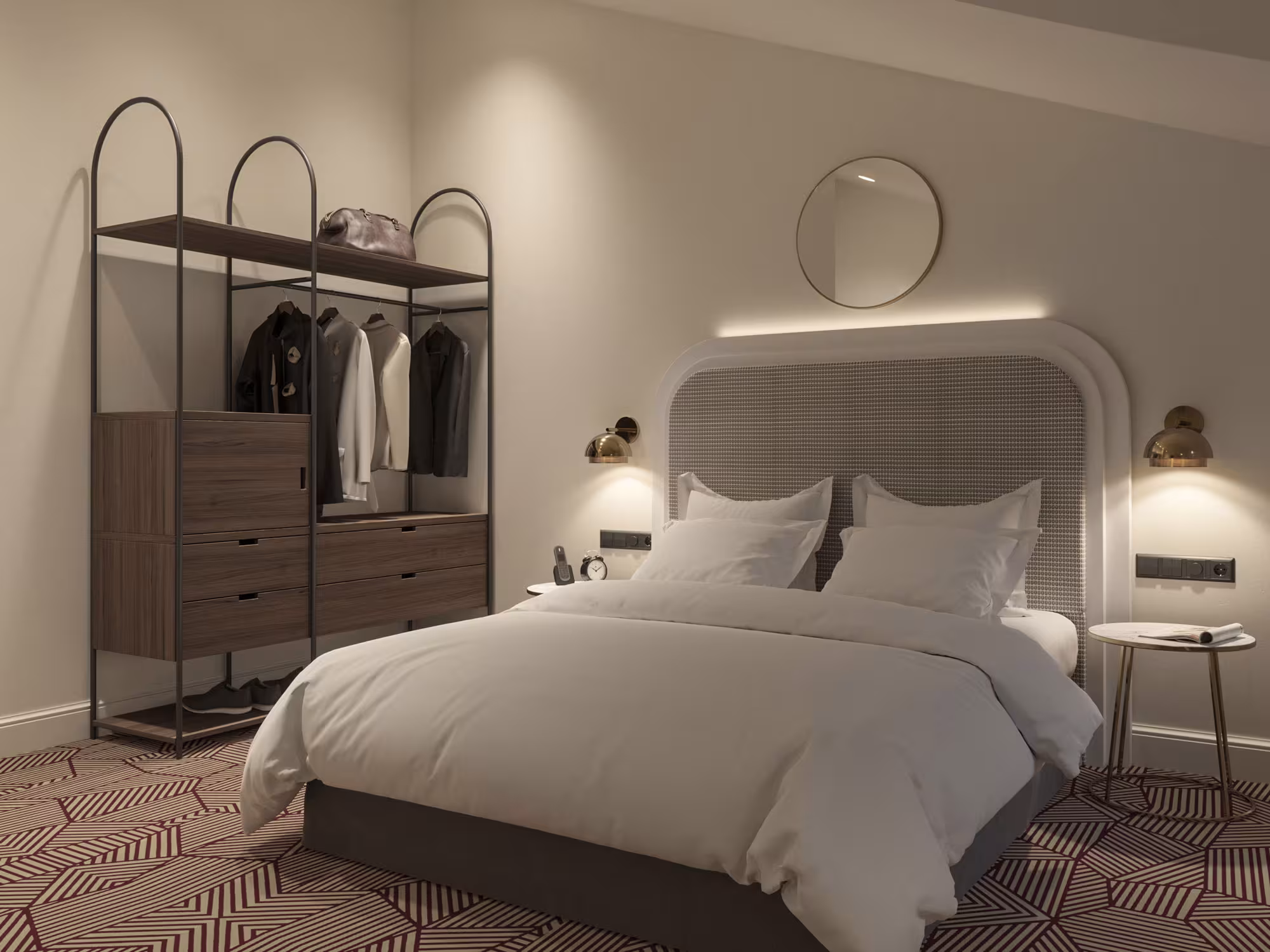 Modern bedroom with a large bed, open wardrobe, and warm lighting at Riverside SPA Hotel.